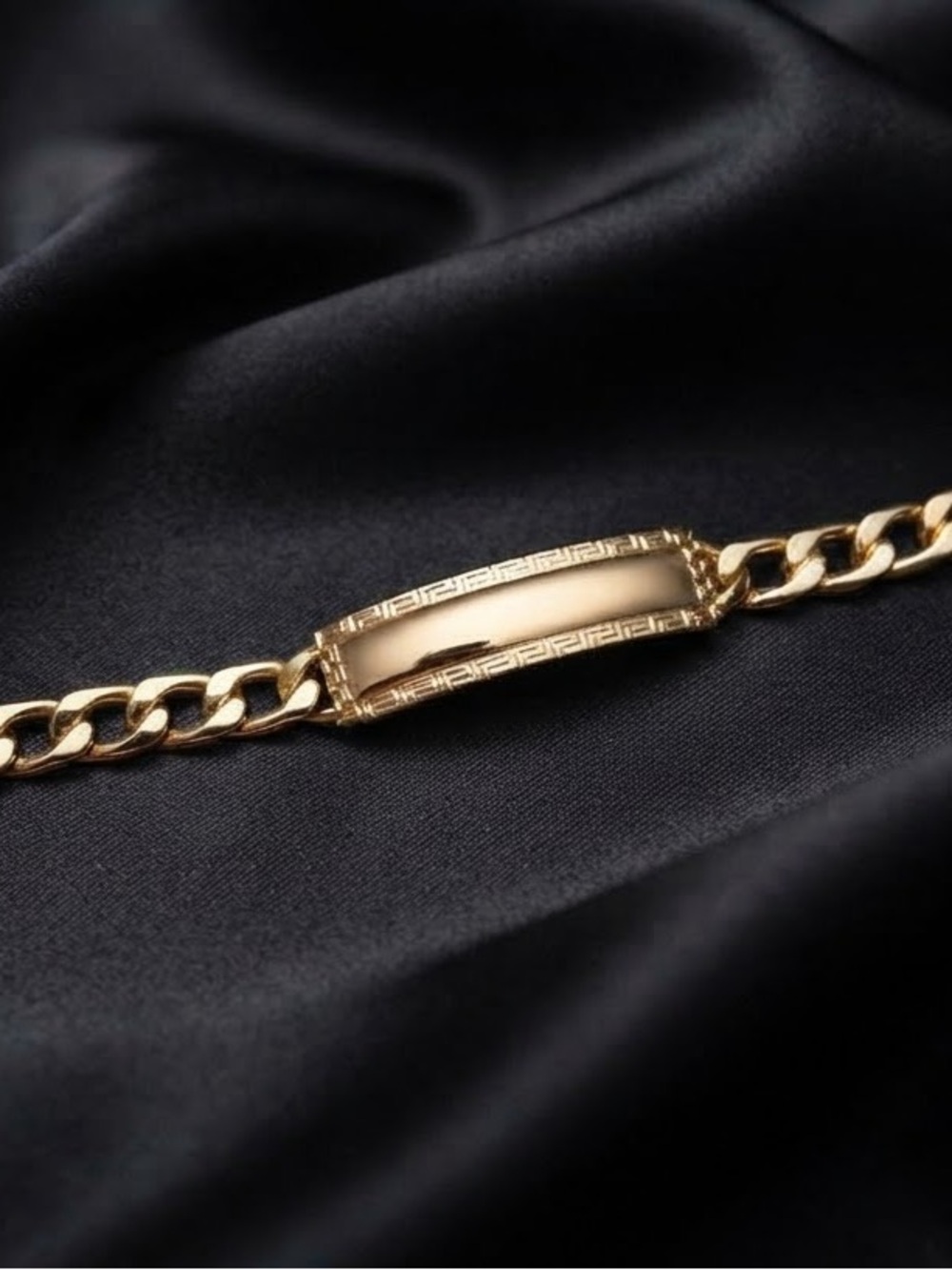 Gold Men's Curb ID Bracelet - Polished Bar Link 14K gold plated 7 1/2” long